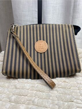 Vintage Fendi Pequin Stripe Cosmetic Pouch Clutch Bag Brown Black Canvas EUC